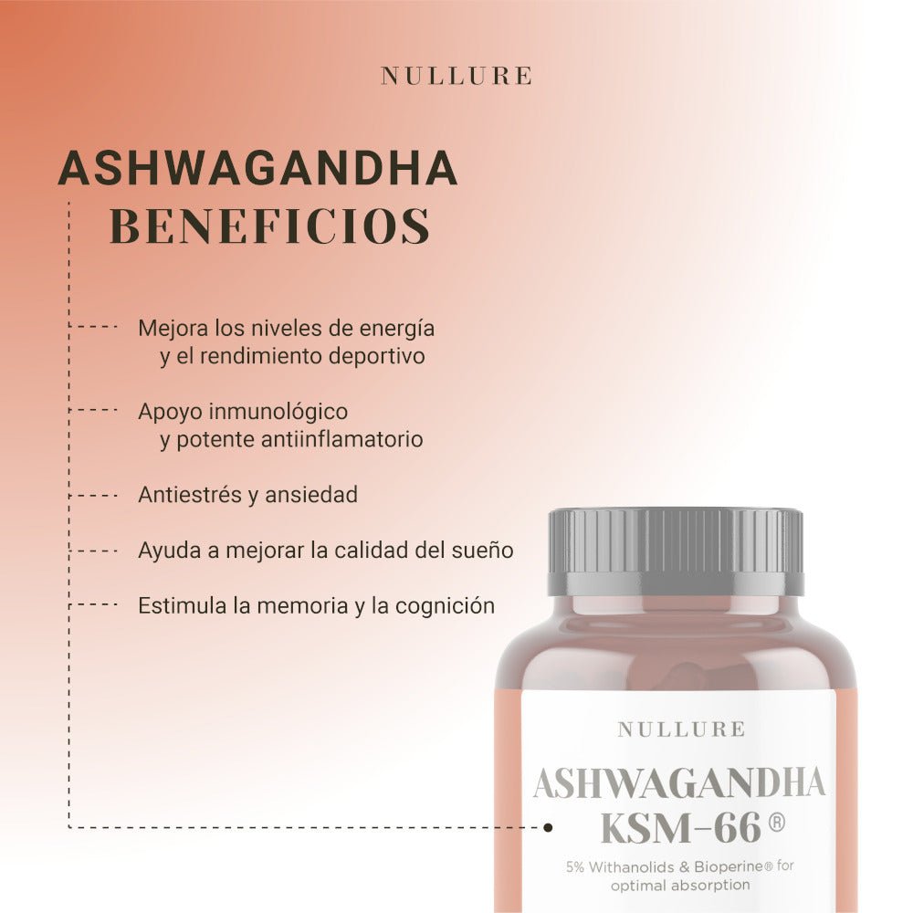 Nullure Ashwagandha Orgánica KSM-66 Suplemento Adaptógeno 120 Cápsulas