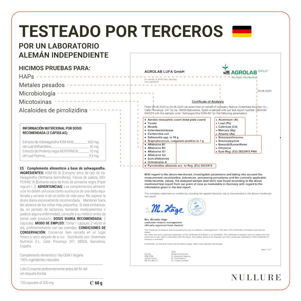 Nullure Ashwagandha Orgánica KSM-66 Suplemento Adaptógeno 120 Cápsulas