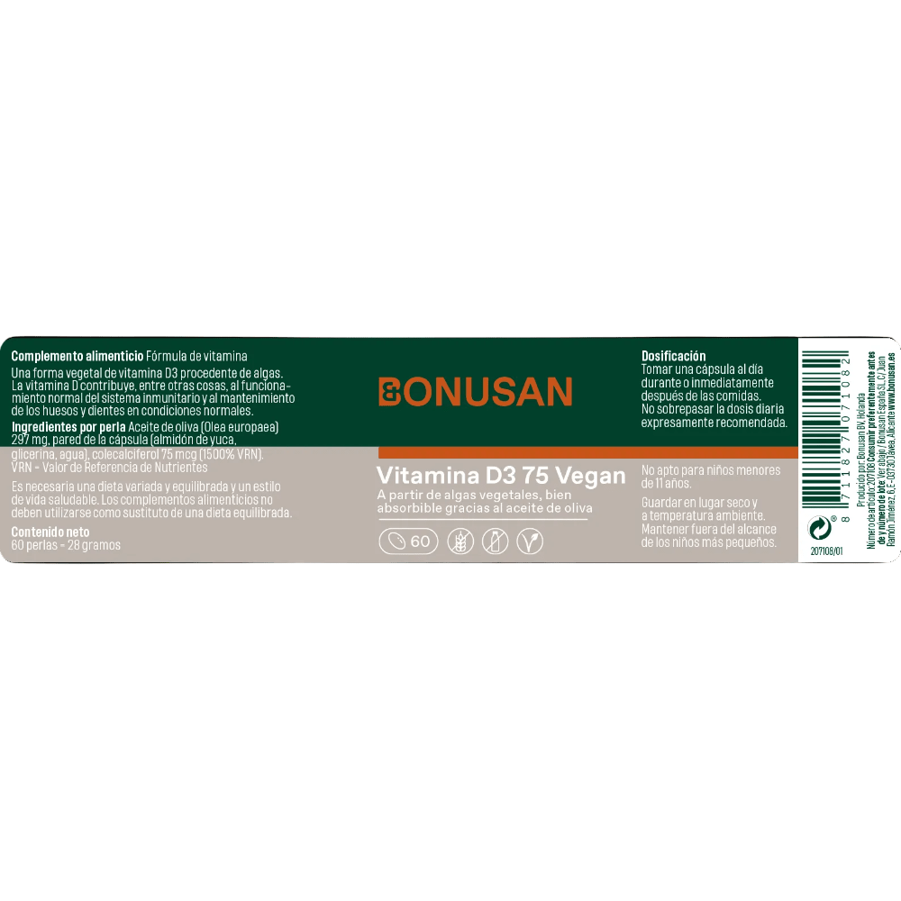 Bonusan Vitamina D3 75 Vegan Suplemento – 60 Cápsulas