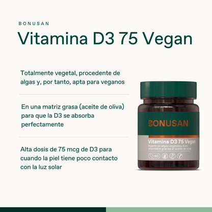 Bonusan Vitamina D3 75 Vegan Suplemento – 60 Cápsulas