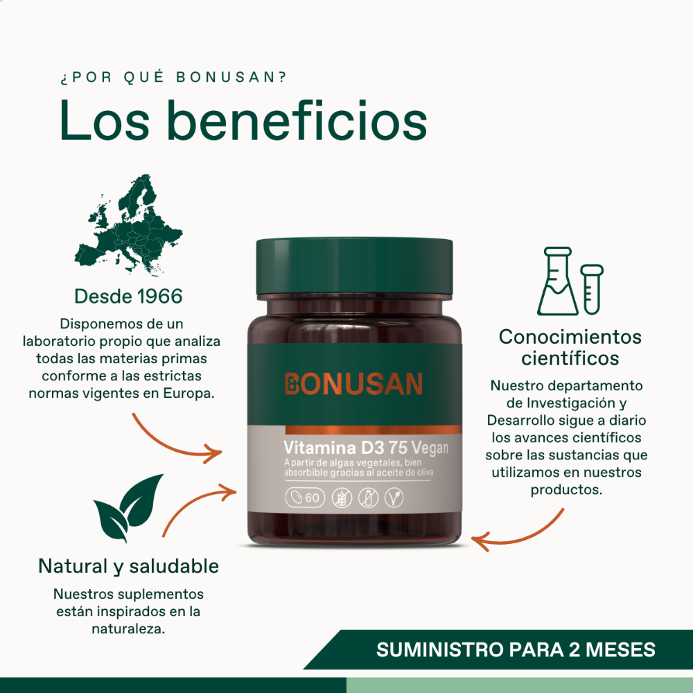 Bonusan Vitamina D3 75 Vegan Suplemento – 60 Cápsulas