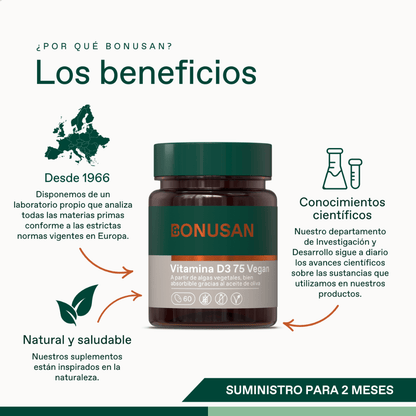 Bonusan Vitamina D3 75 Vegan Suplemento – 60 Cápsulas