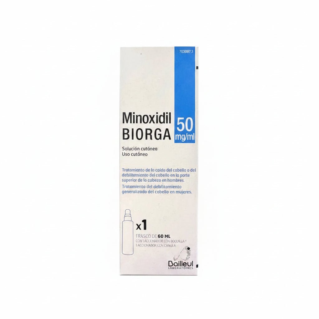Minoxidil Biorga 50 mg/ml Solución Cutanea 1 Frasco 60 ml  + 1 Accionador De Boquilla Y 1 Accionador