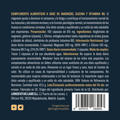 LONGEVITAS Fórmula Magnésio Bisglicinato 100 Cápsulas