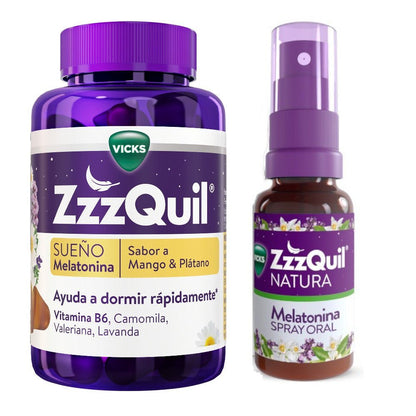 ZzzQuil Sueño Pack Spray Oral de Melatonina 30 ml + Melatonina Mango & Plátano 60 Gummies