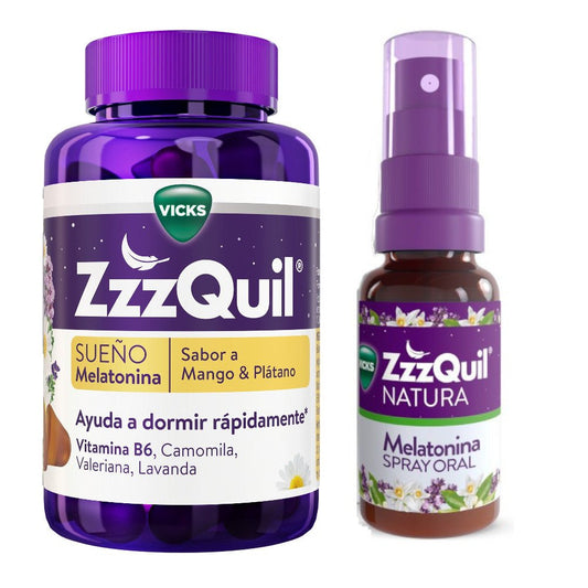 ZzzQuil Sueño Pack Spray Oral de Melatonina 30 ml + Melatonina Mango & Plátano 60 Gummies