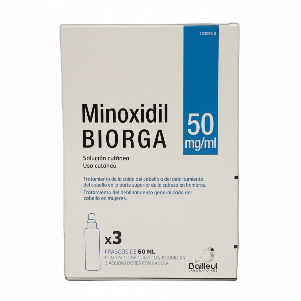 Minoxidil Biorga 50 mg/ml Solución Cutanea 3 Frascos 60 ml  + 3 Accionadores De Boquilla Y 2