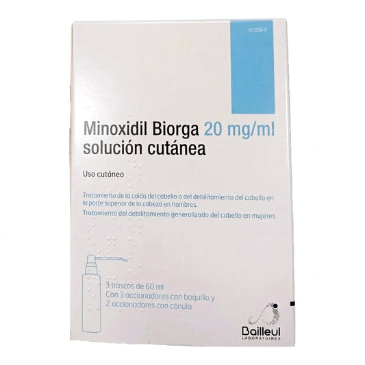 Minoxidil Biorga 20 mg/ml Solución Cutanea 3 Frascos 60 ml  + 3 Accionadores De Boquilla Y 2