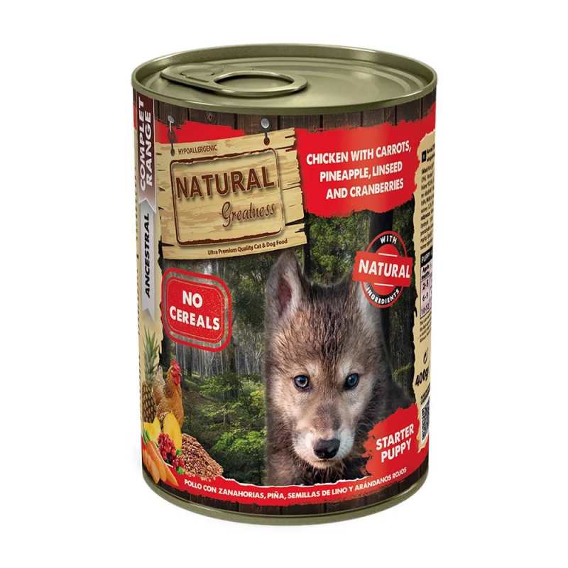 Natural Greatness Lata Starter Puppy Pollo con Zanahorias, Piña, Semilla de Lino y Arándanos 400 gr