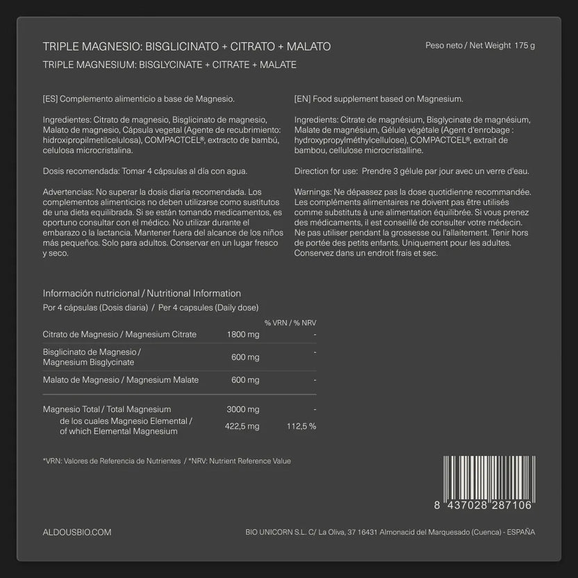 Aldous Bio Triple Magnesio Complex 3000mg 200 Cápsulas